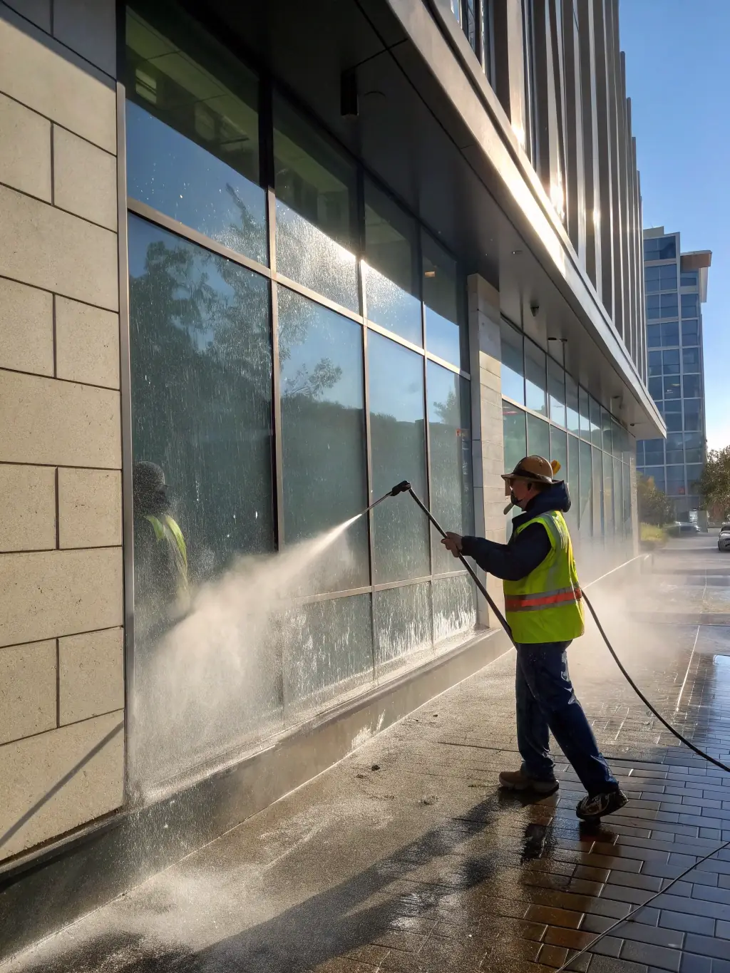 A professional technician using a pressure washer on the exterior siding of a Tampa home, with water spray visibly cleaning away dirt and revealing a bright, refreshed facade.