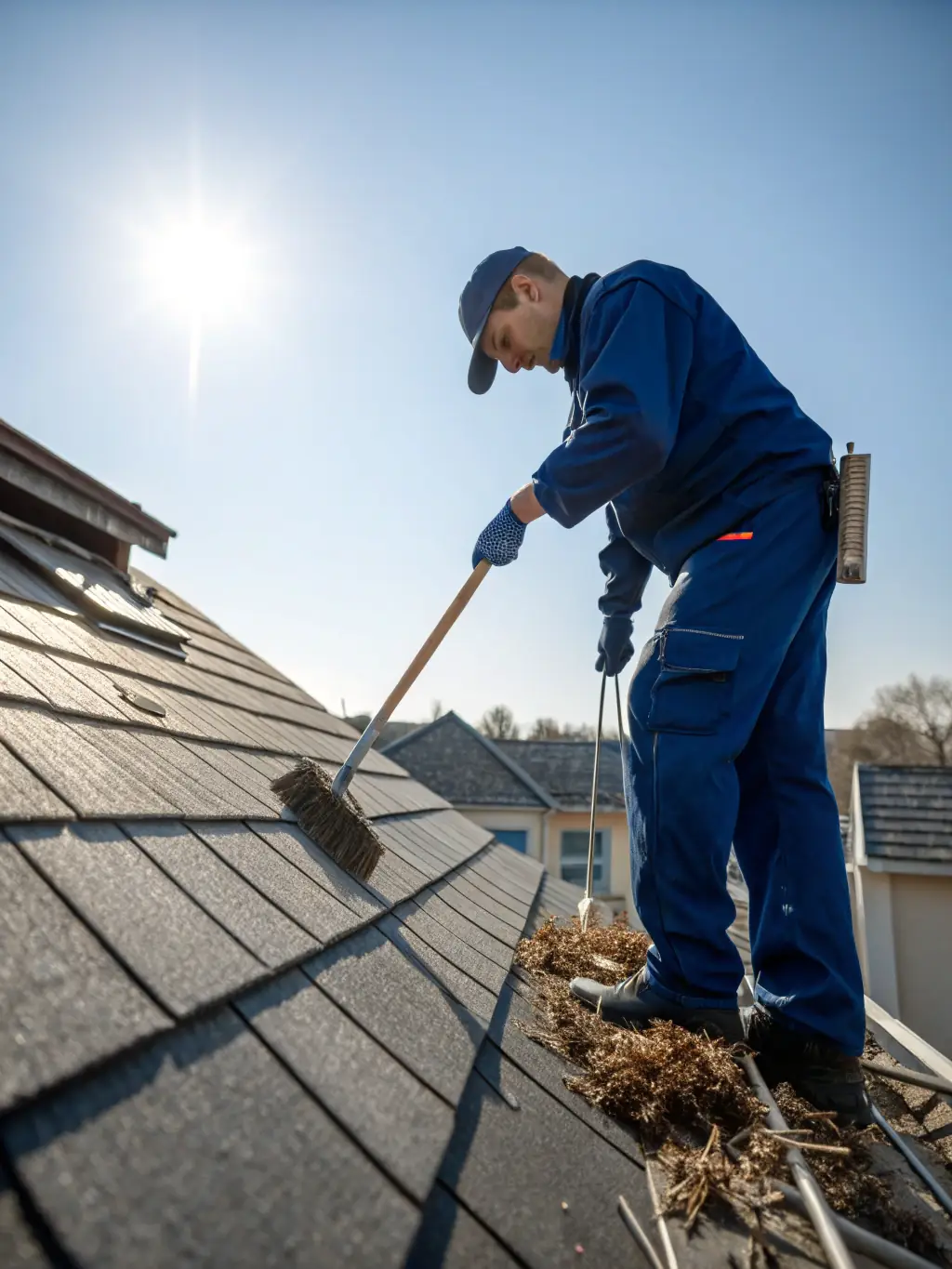 A technician applying an eco-friendly cleaning solution to a shingle roof, with half the roof visibly clean and free of moss and algae.