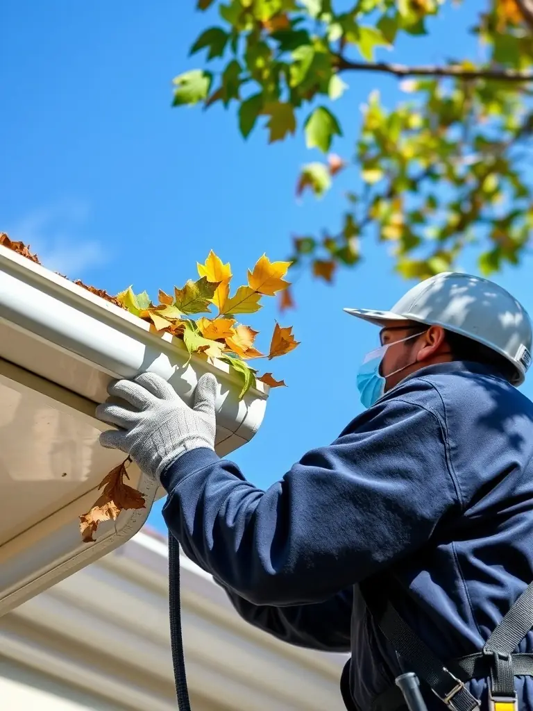A professional removing leaves and debris from a white gutter on a Tampa house, with clean gutters and blue sky in the background.